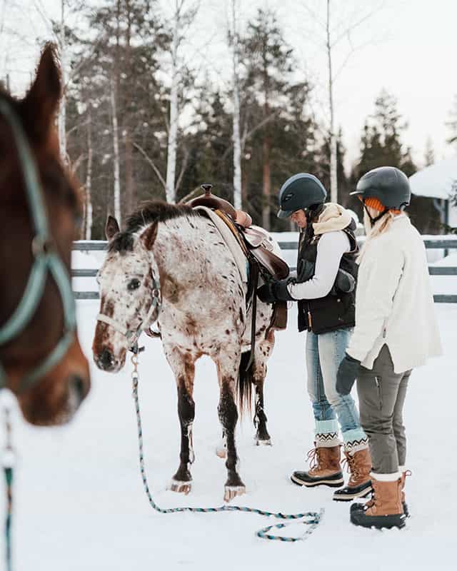 Kaksi ihmistä pitelee lumilautailulautoja lumisessa maisemassa